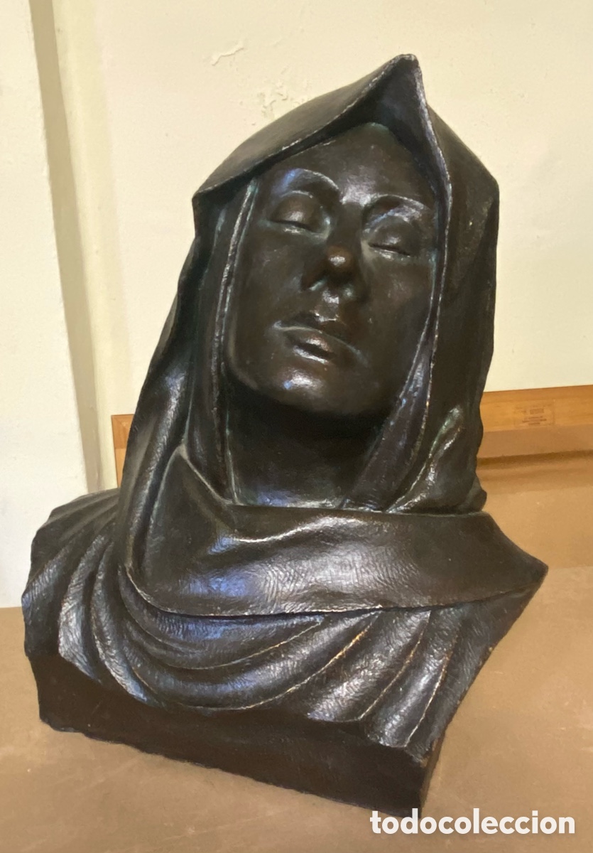 Kunst: Escultura firmada D Gonzalo a&ntilde;os 80 busto Virgen con manto estuco yeso fino patinado 43 cm y 5 kilos