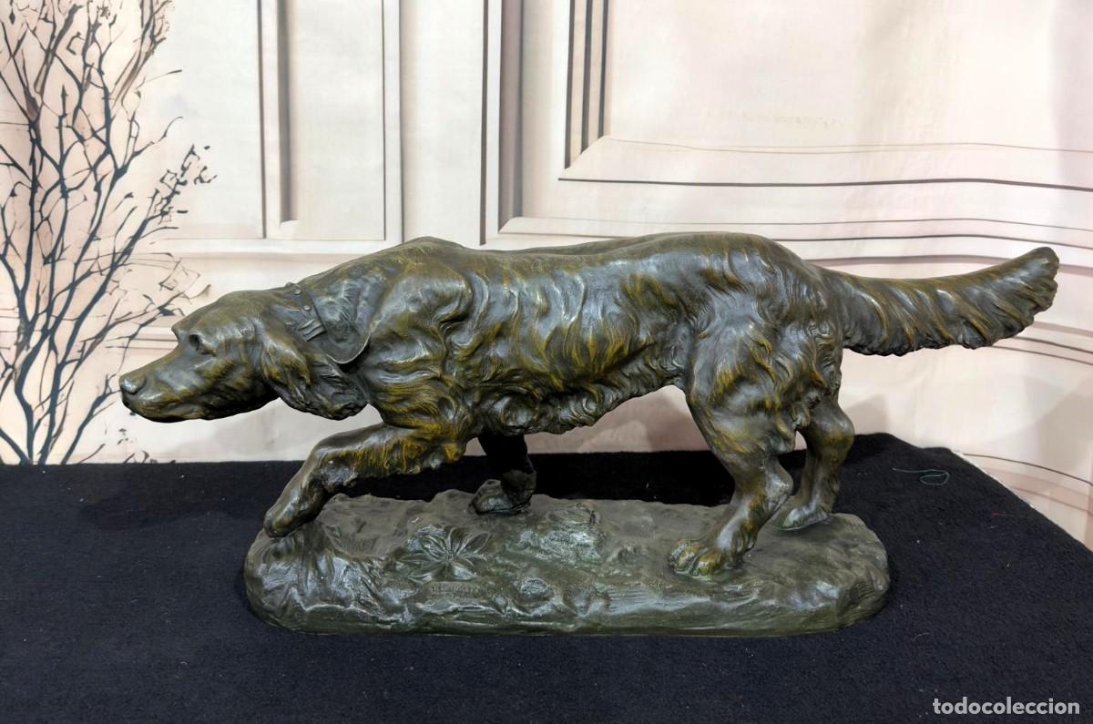 Arte: Preciosa escultura de perro de calamina Bret&oacute;n espa&ntilde;ol en posici&oacute;n de caza. Escultor A. Capaldo