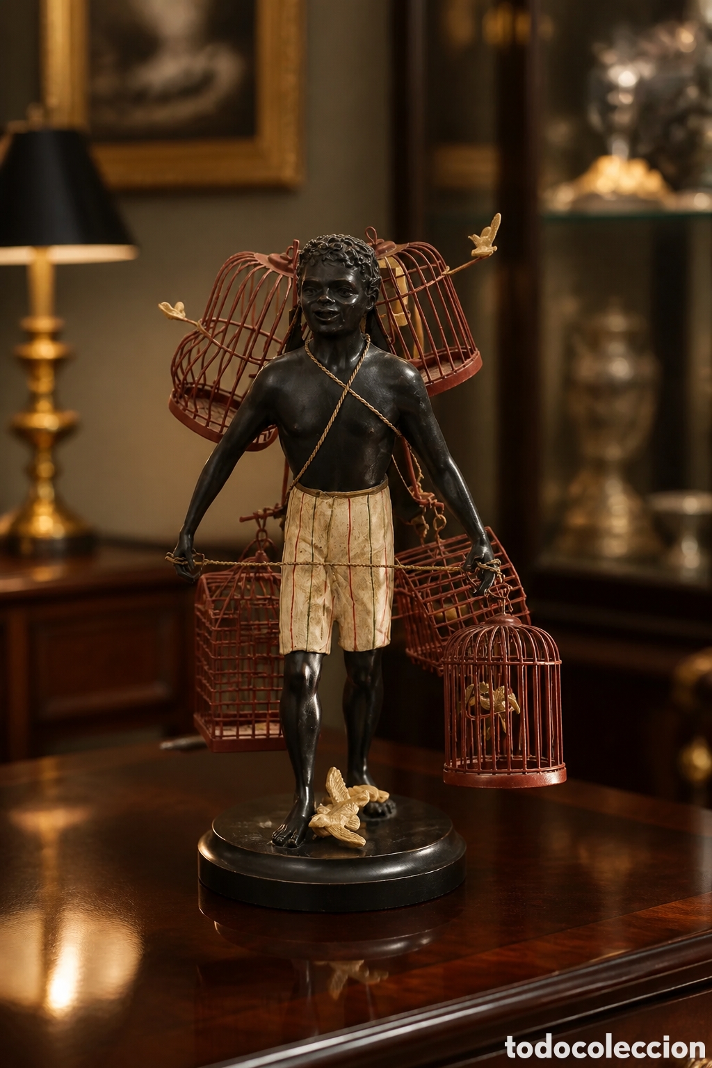 Arte: CURIOSA ESCULTURA VENDEDOR DE P&Aacute;JAROS REALIZADA EN HIERRO .34CM ALTO