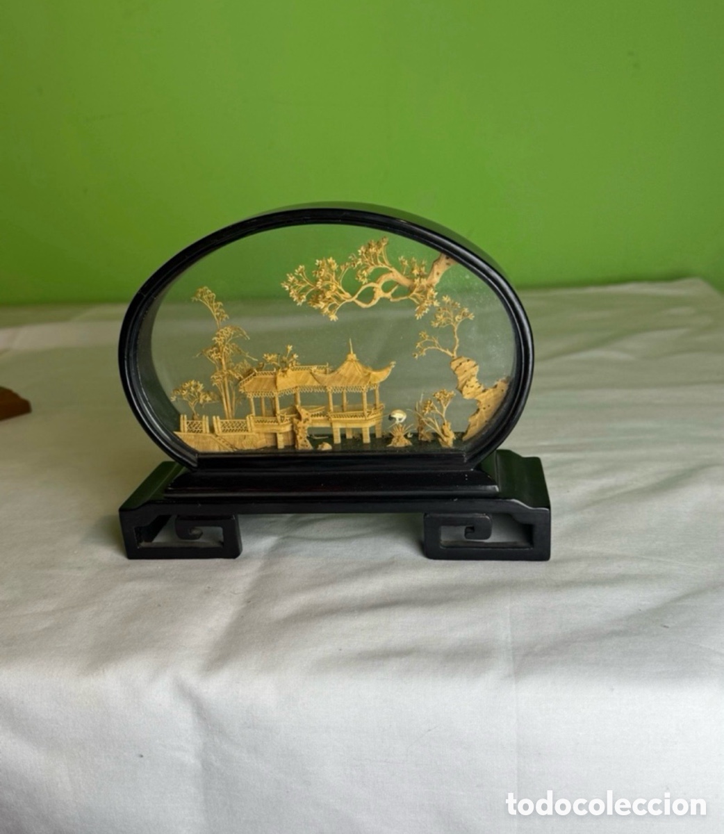 Arte: diorama de paisaje tallado en corcho chino tallado a mano mediados del siglo XX.