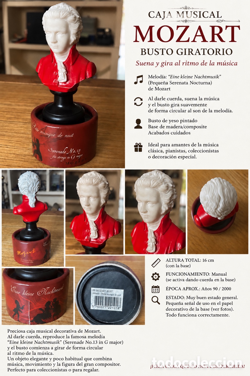 Arte: Busto caja Musical Mozart de yeso en caja giratoria