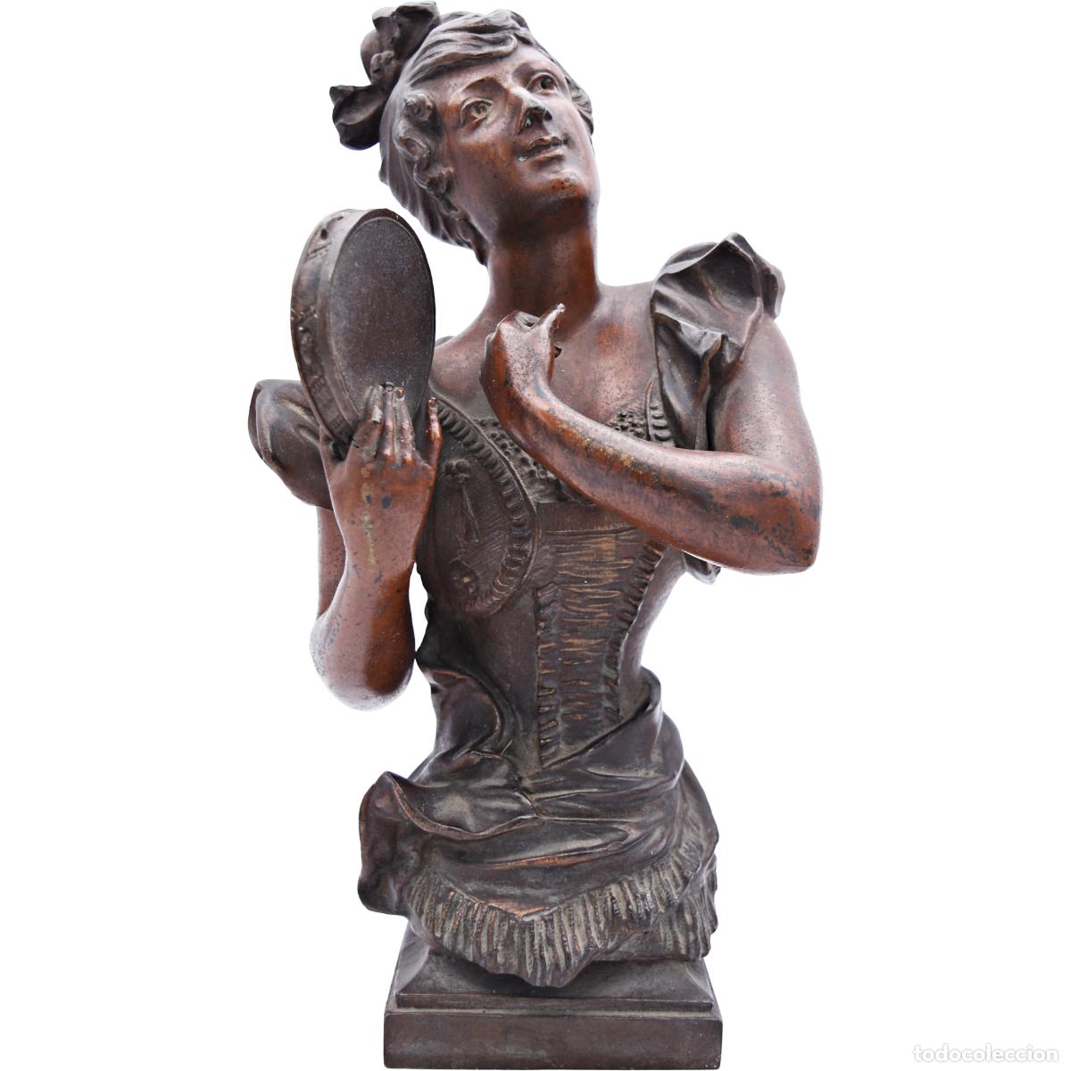 Art: Escultura firmada - Dama tocando una pandereta - Estilo Romanticismo tard&iacute;o
