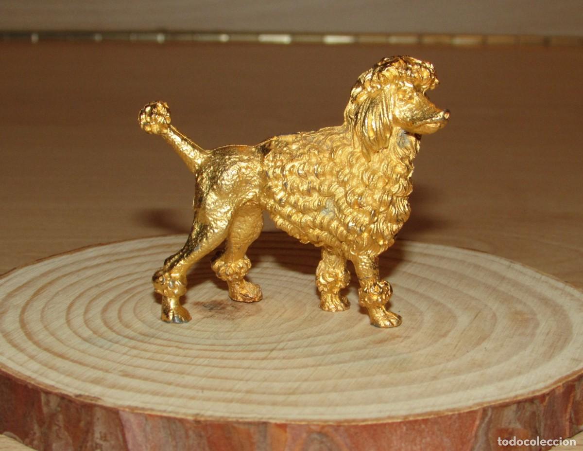 Arte: Miniatura figura vintage perro caniche poodle metal dorado color oro