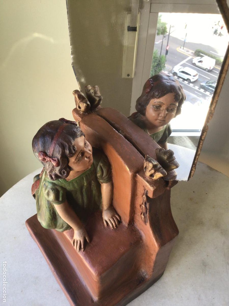 Arte: ANTIGUA ESCULTURA MODERNISTA CON ESPEJO - ART NOUVEAU 1900 - NI&Ntilde;A MIRANDOSE EN ESPEJO