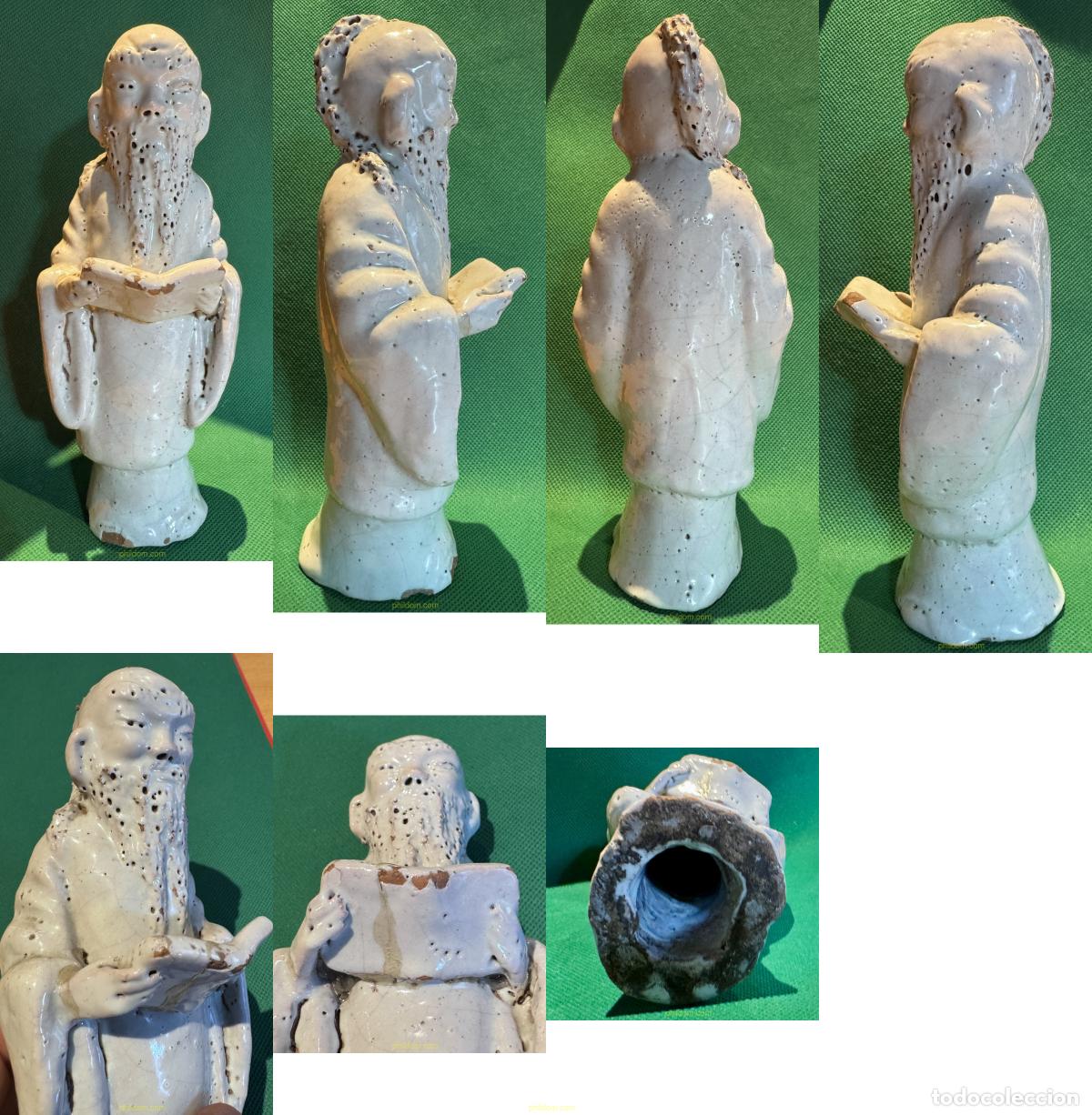 Arte: FIGURA ANTIGUA CHINA DE ERUDITO CON PERGAMINO EN CER&Aacute;MICA VIDRIADA - 20cm