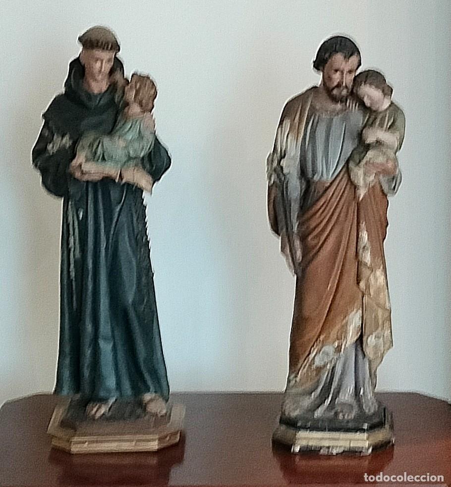 Arte: Pareja de fguras antiguas de San Antonio de Padua y San Jos&eacute; con el ni&ntilde;o Jes&uacute;s en escayola