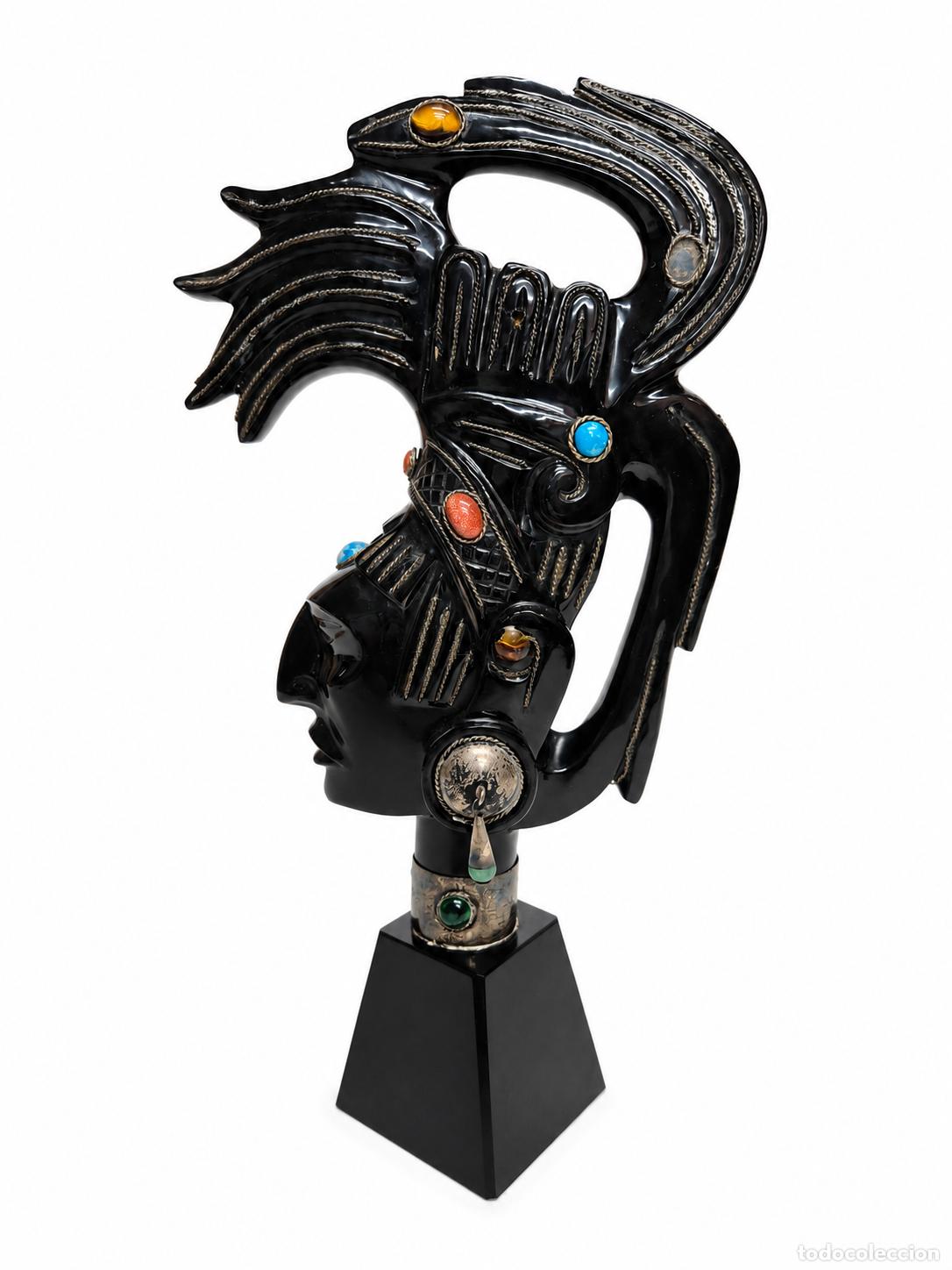 Arte: Escultura Maya, M&eacute;xico - Tallada a Mano en Obsidiana Negra - Cabeza de Guerrero o Gobernante Maya