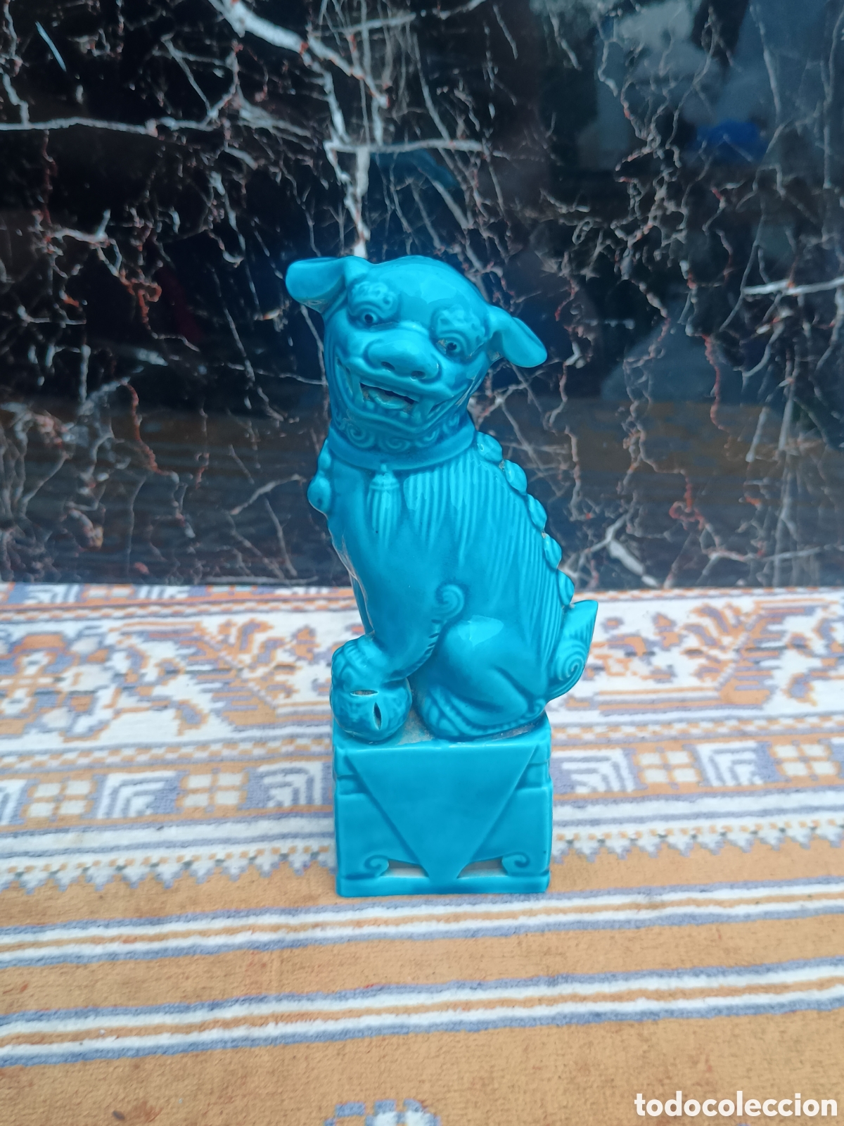 Arte: estatua de un perro Foo cer&aacute;mica turquesa