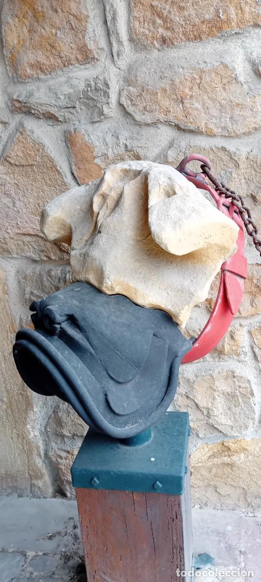 Arte: Escultura cabeza de perro bulldog en piedra e hierro,sobre peana de madera.Recogida en mano.