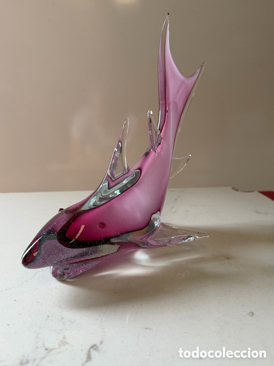 Arte: Tibur&oacute;n Murano Rosa Vidrio Art&iacute;stico