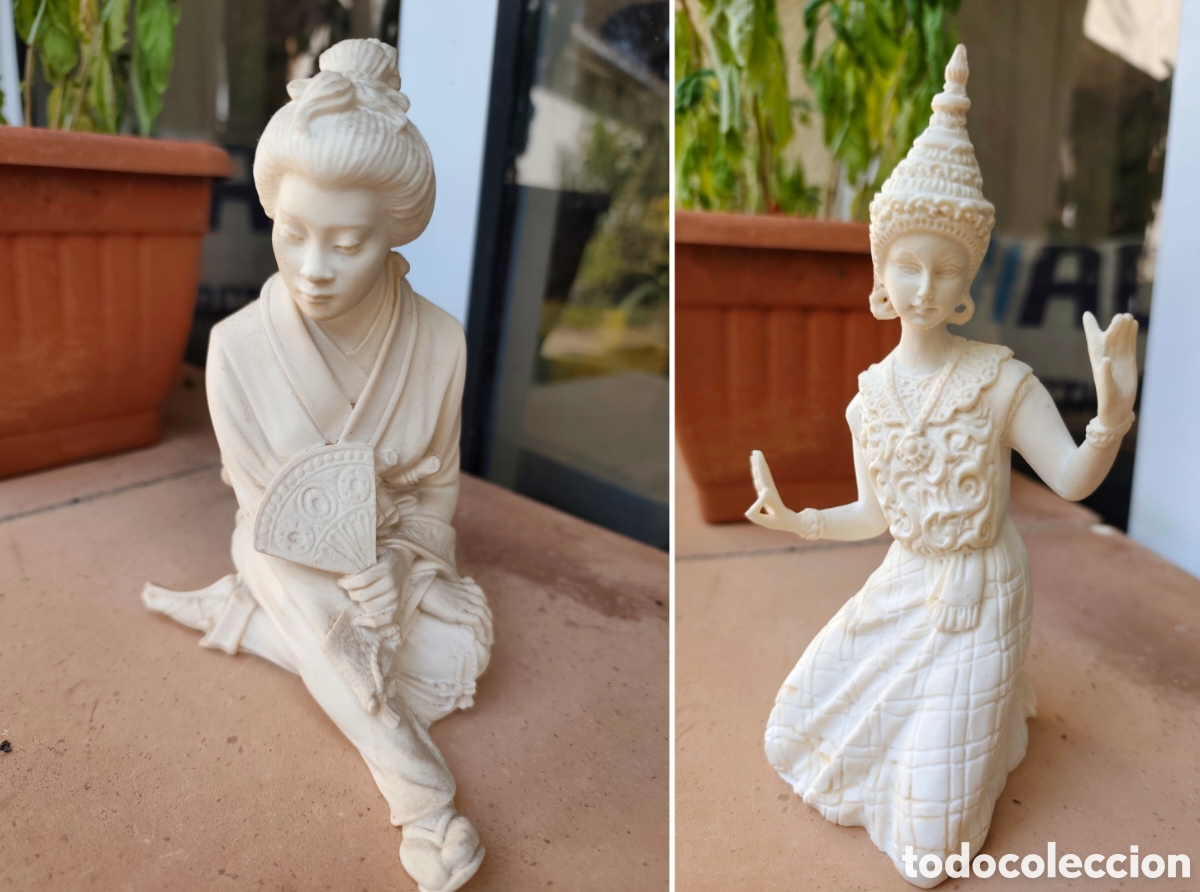 Arte: Geisha y Bailarina Tailandesa en marmolina. Unos 20 cm. Vintage a&ntilde;os 90