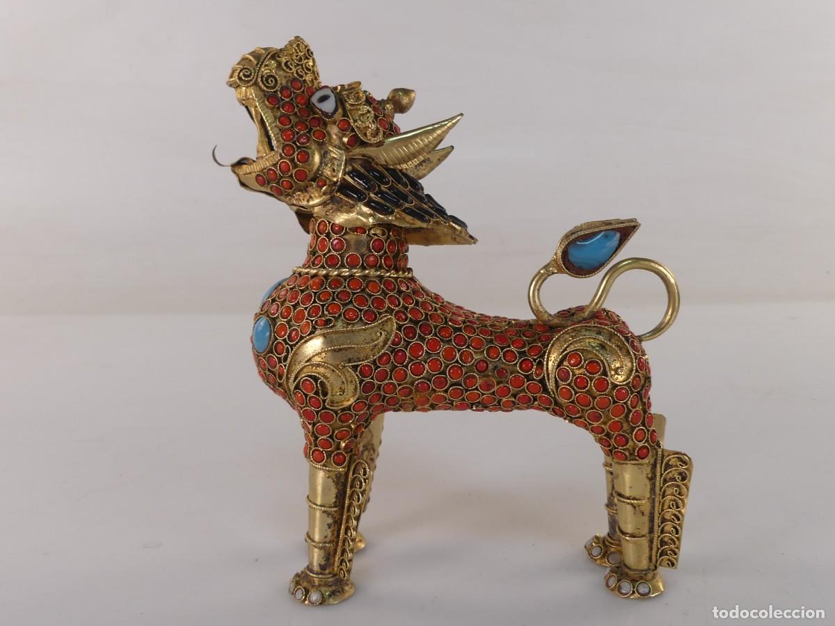 Arte: FIGURA BOTELLA ESENCIERO PERRO DRAGON FOO CORAL ROJO Y TURQUESA
