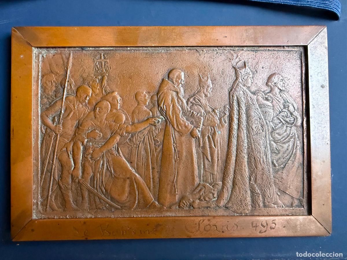 Kunst: Bajorrelieve antiguo &ldquo;Le Bapt&ecirc;me de Clovis 495&rdquo; &ndash; Placa en metal, estilo Ovide Yencesse &ndash; 15 &times; 10 c
