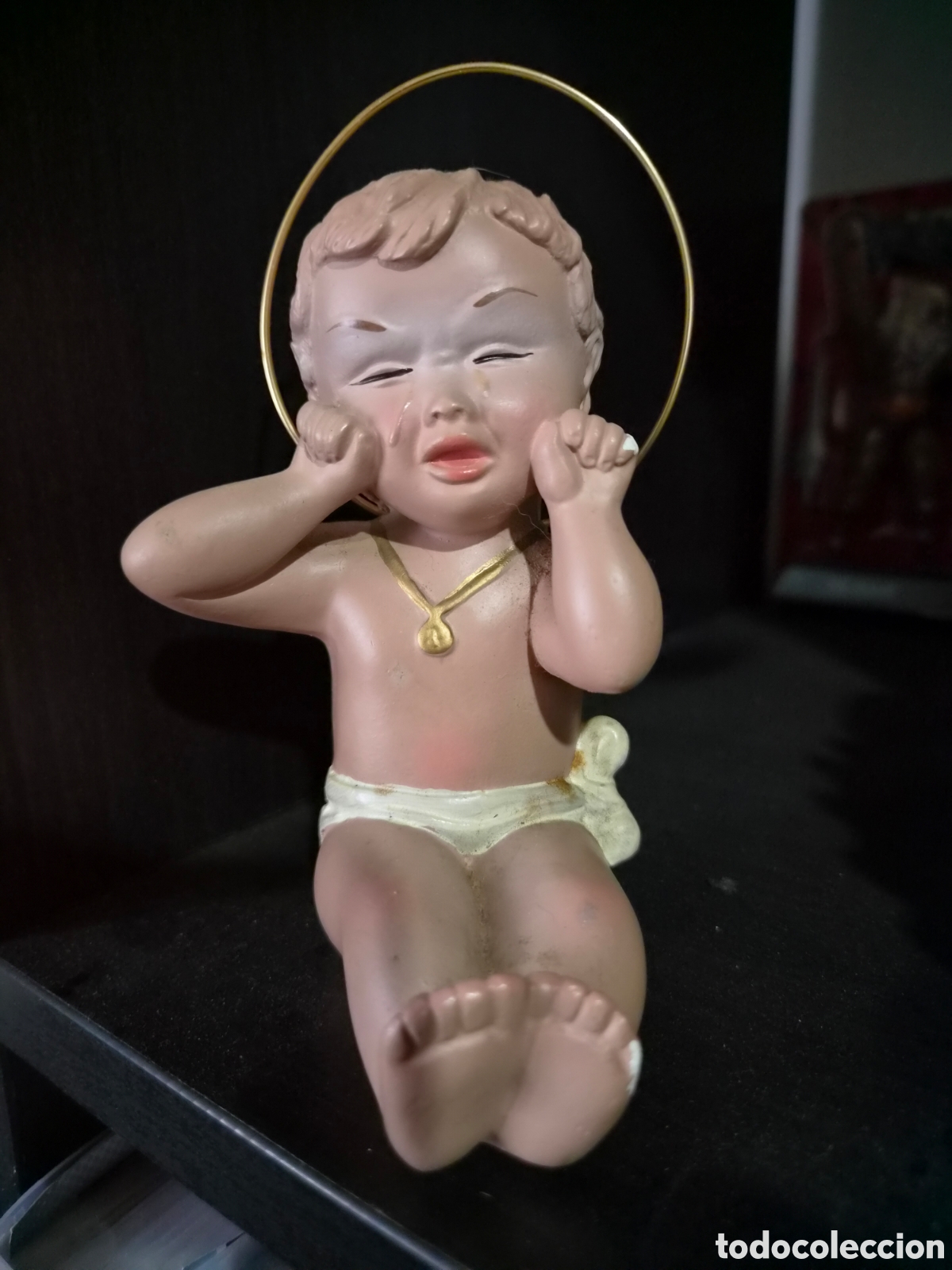 Arte: Antiguo Ni&ntilde;o Jes&uacute;s Llorando - 12 cm - Sello DIMOSA Olot - Con Potencia Met&aacute;lica
