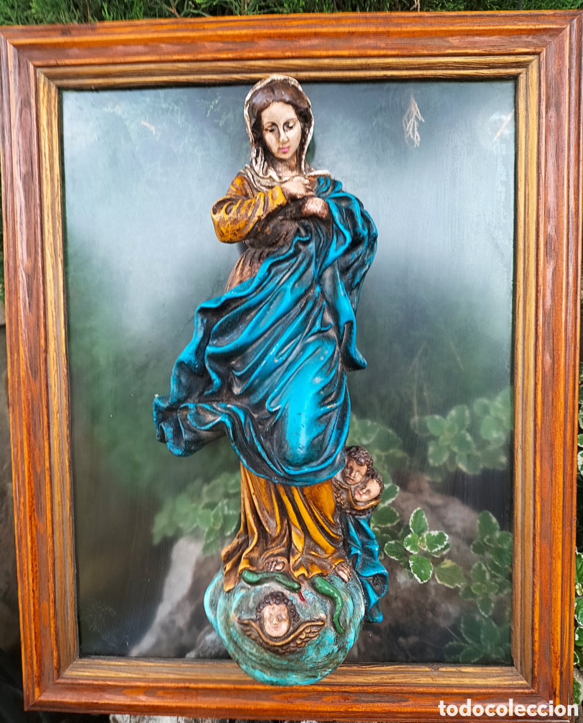 Arte: VIRGEN IMACULADA SOBRE CUADRO DE CRISTAL - PASTA DE MADERA -