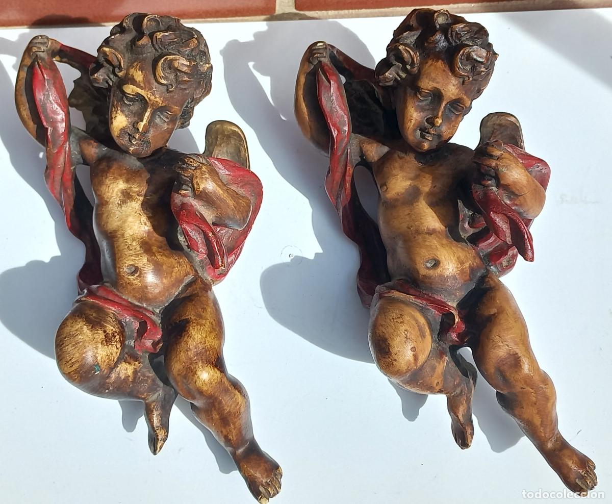 Arte: Pareja de querubines o angelotes de esto&ntilde;p barroco, para colgar. 24cm