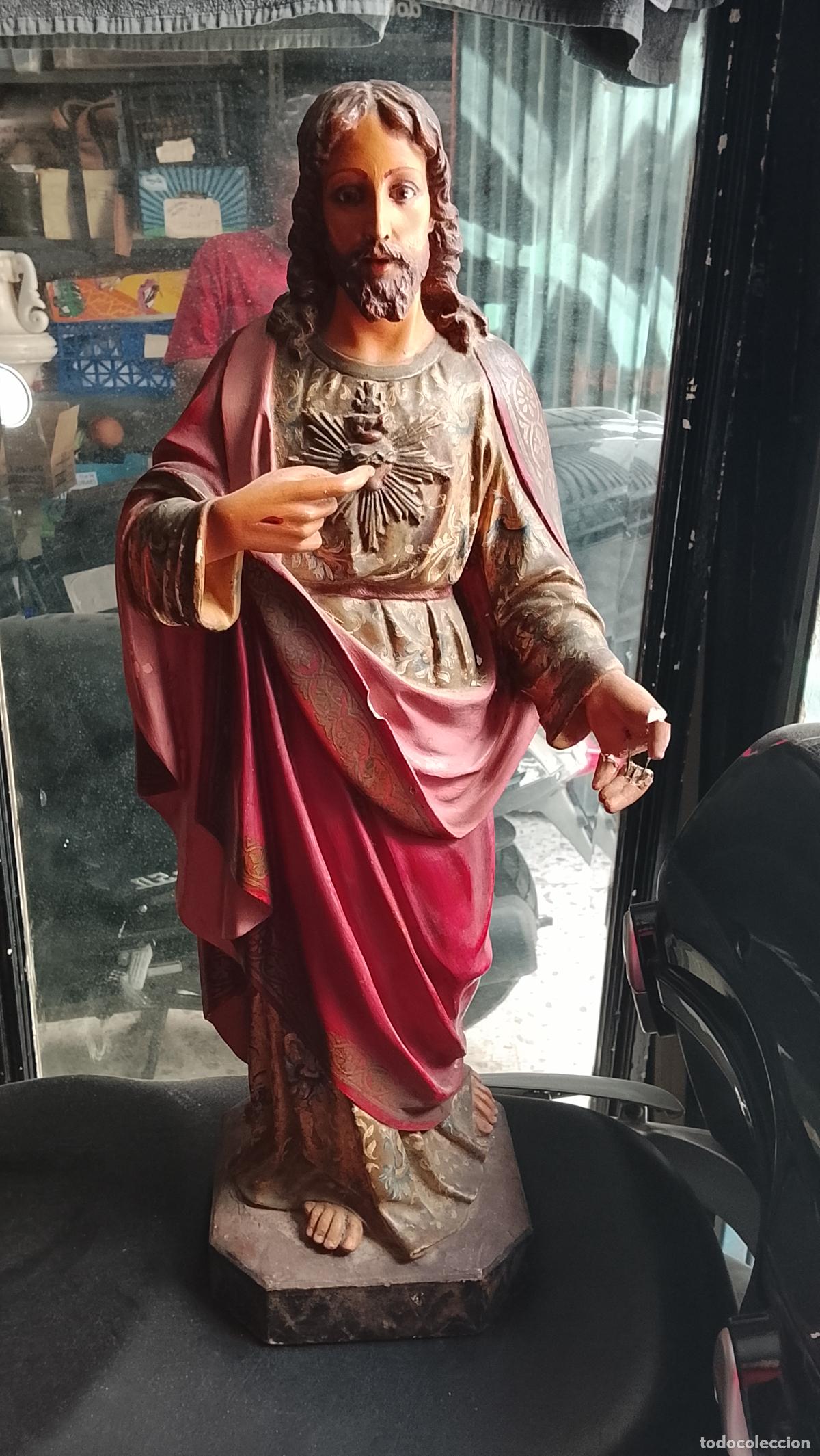 Arte: gran cristo olot sagrado corazon de jesus estofado ojos de cristal gran tama&ntilde;o 54 cm semana santa