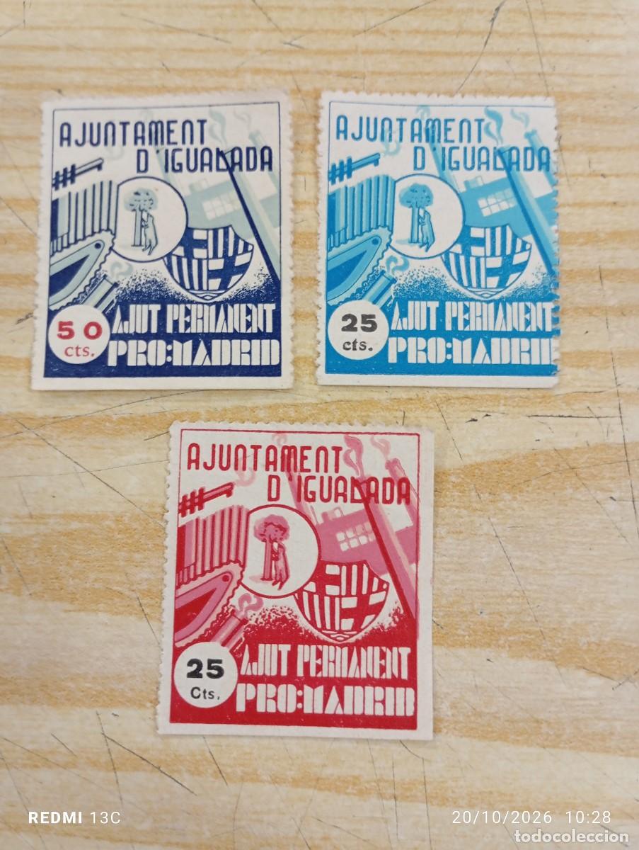Arte: LOTE TRES SELLOS AJUNTAMENT D'IGUALADA - AJUT PERMANENT PRO MADRID - GUERRA CIVIL