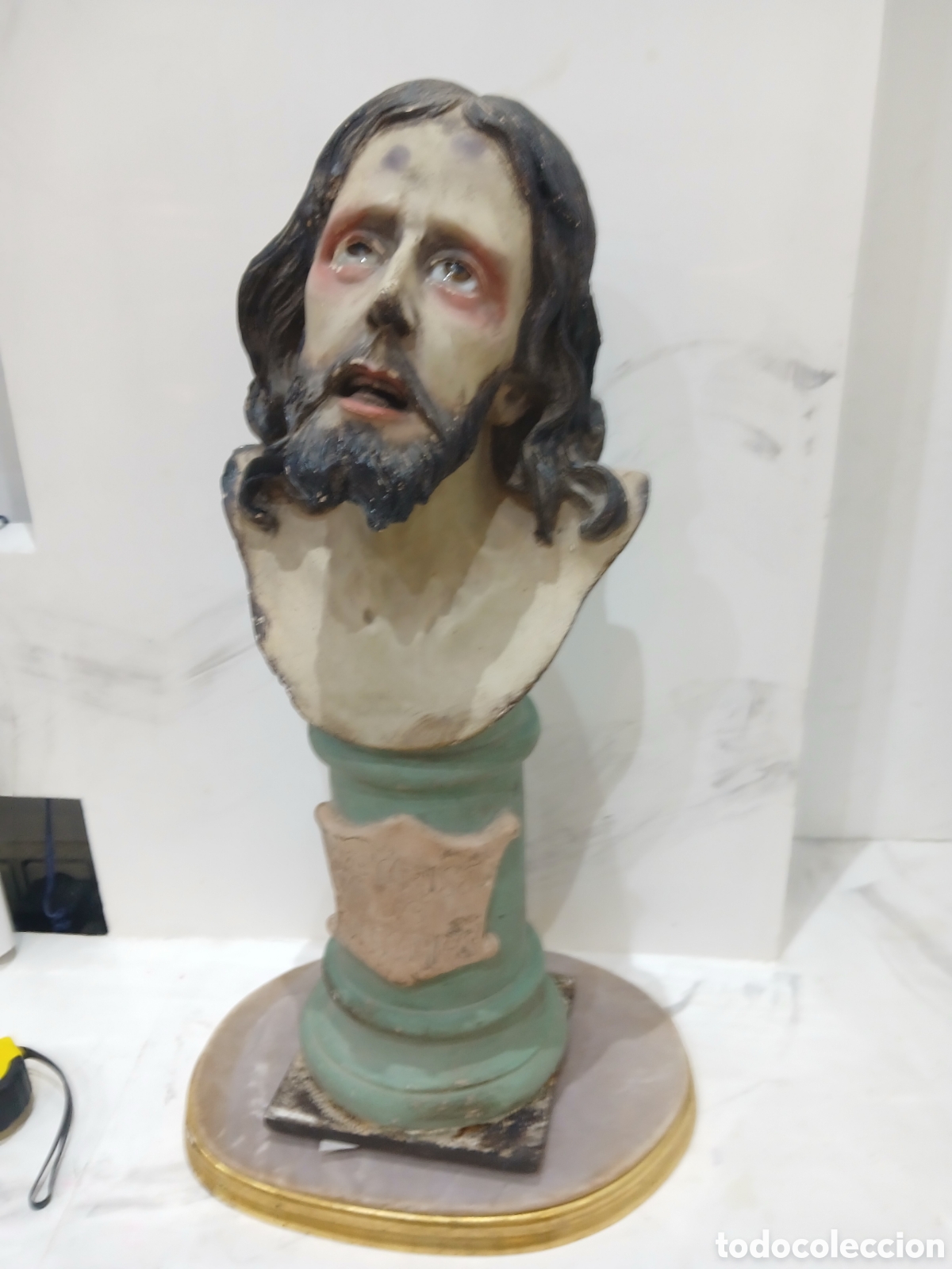 Arte: Escultura en estuco cristo ojos de crital antiguo