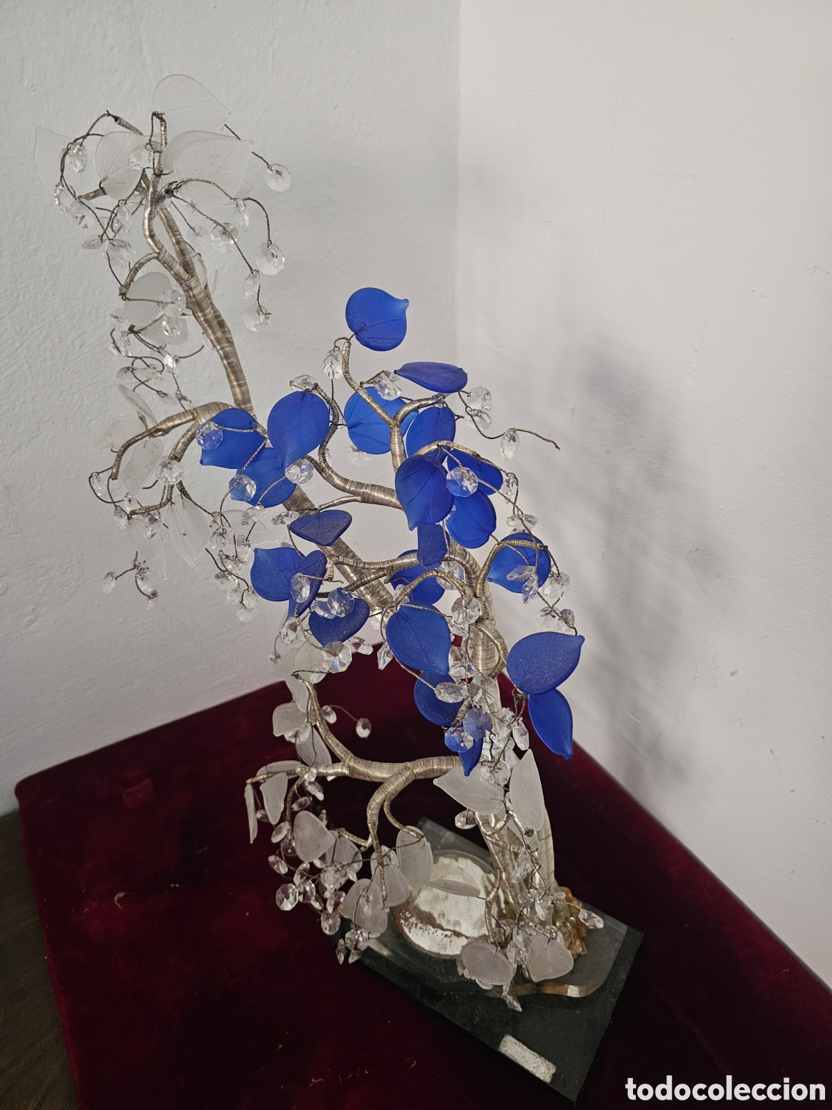 Arte: Escultura &Aacute;rbol de la Vida Vidrio Azul y Transparente Alambre Base M&aacute;rmol/Metacrilato ~55 cm