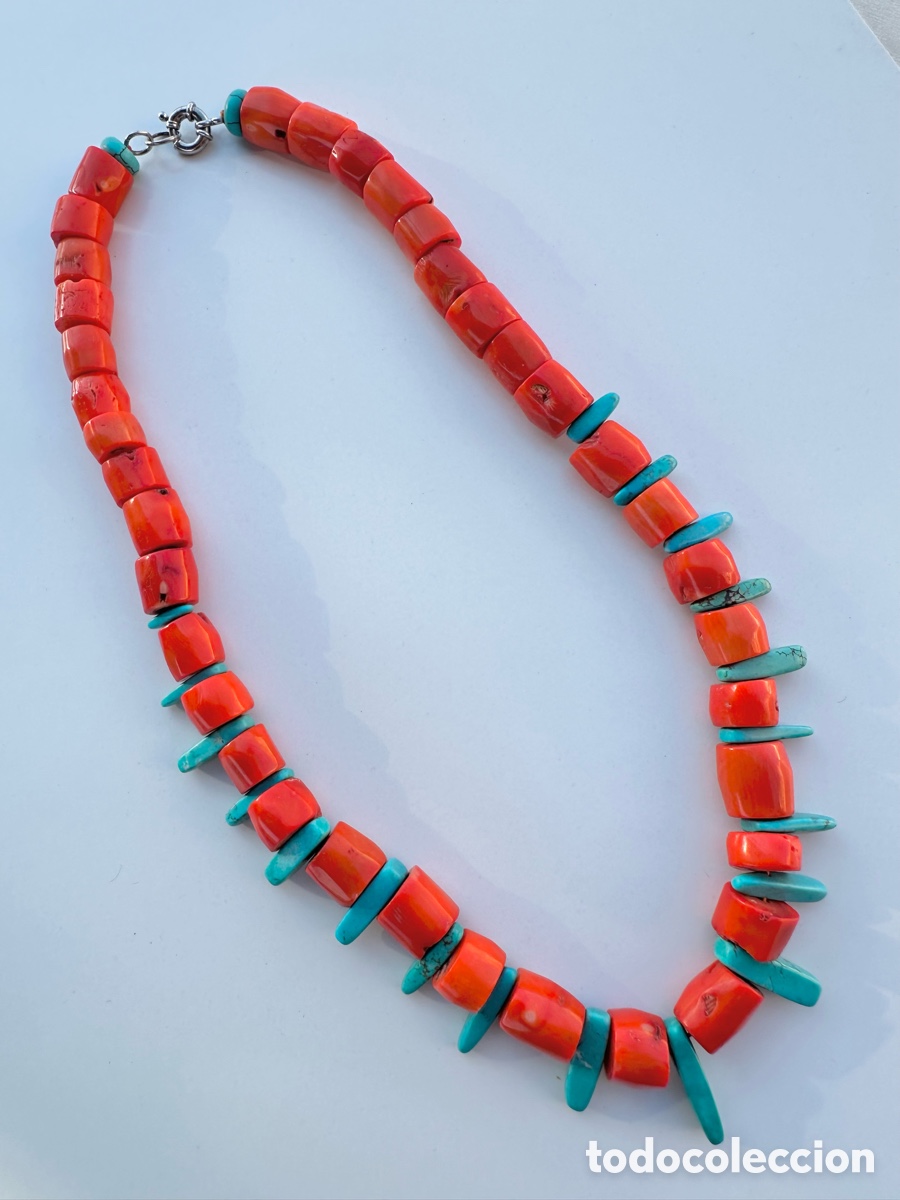 Artesan&iacute;a: Antiguo collar de coral rojo natural con turquesa
