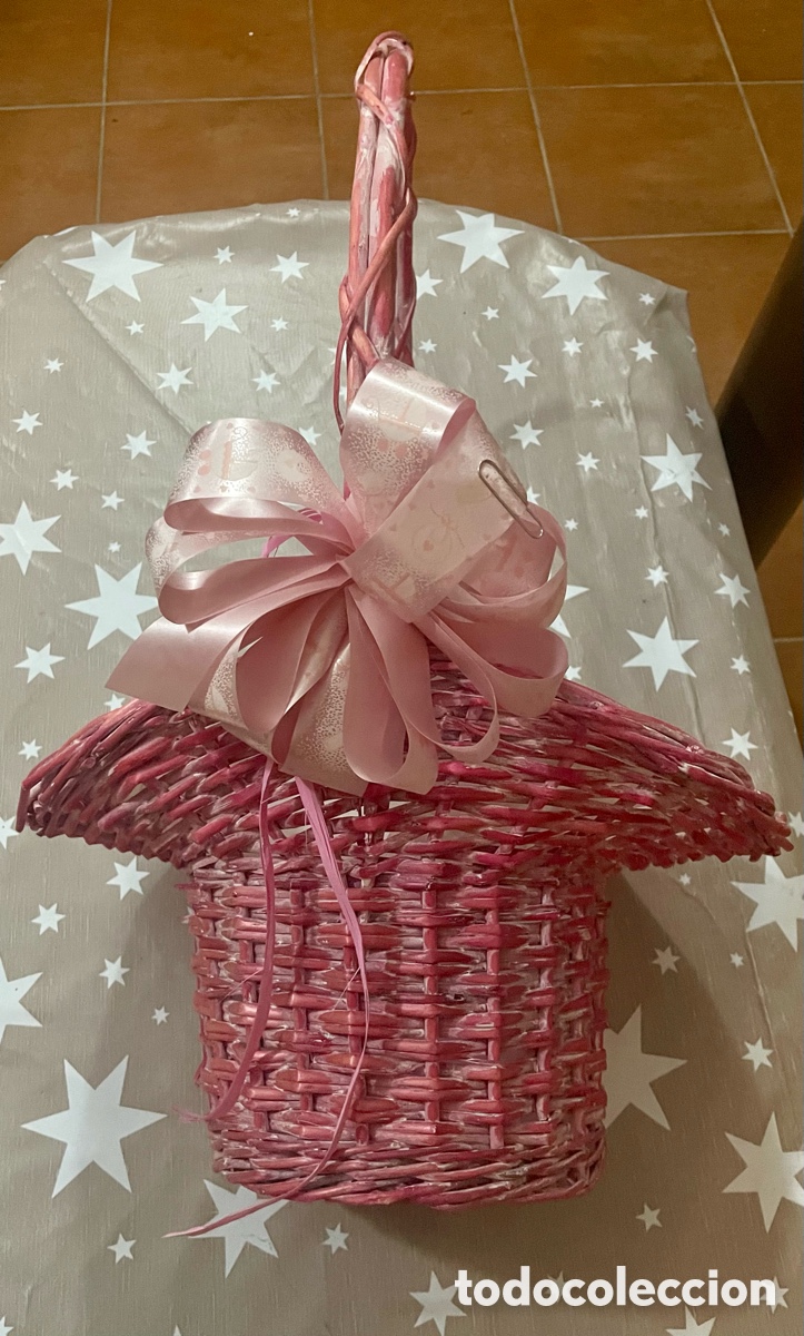 Artesan&iacute;a: Cesta de mimbre rosa con asa - Foto 3