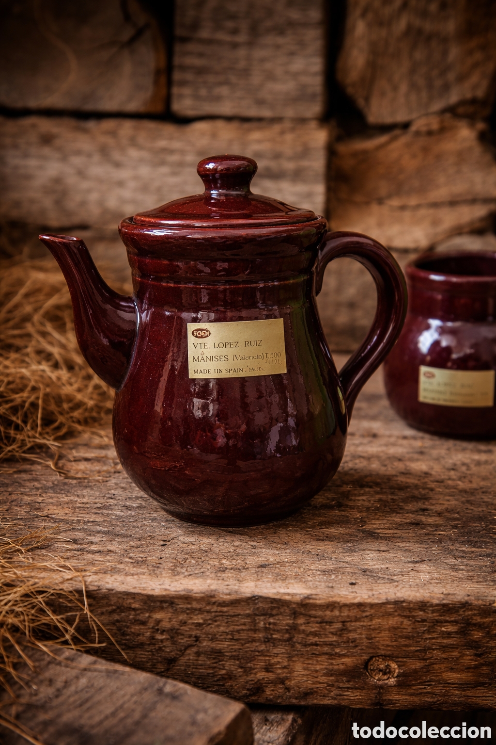 Kunsthandwerk: Lote cer&aacute;mica de Manises vintage, cafetera, jarra y azucarero, etiqueta original