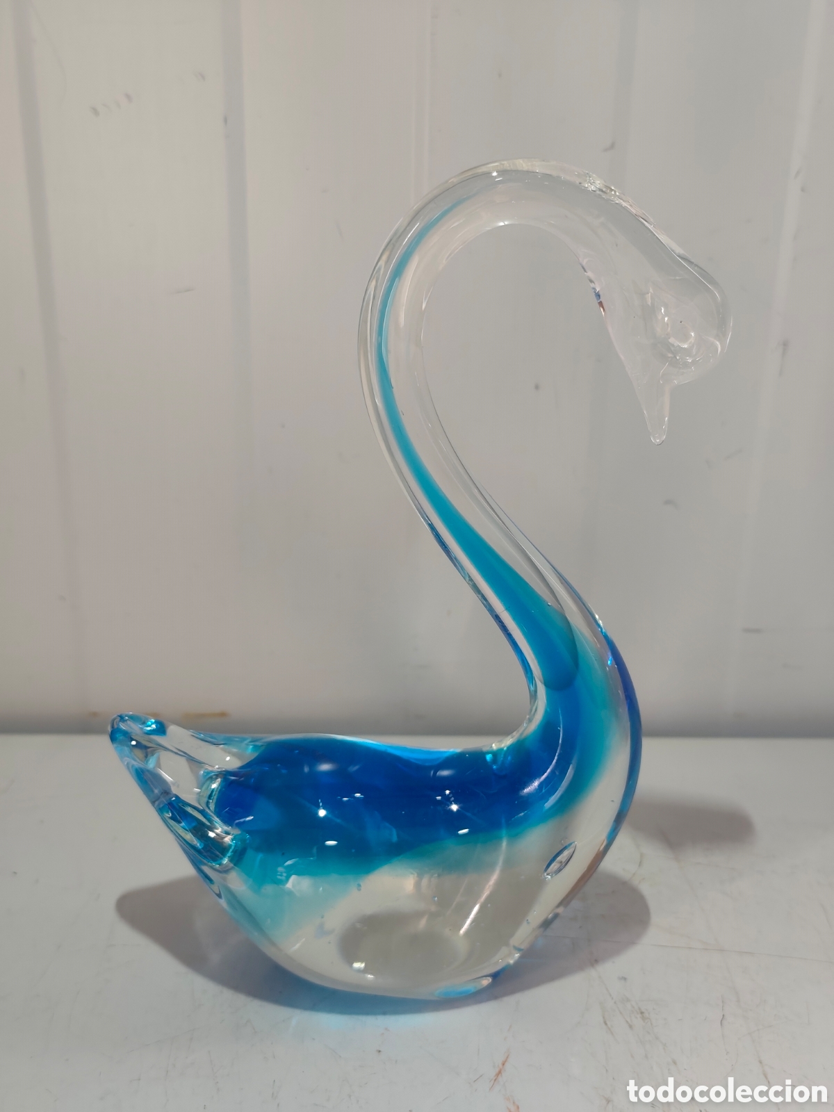 Artesan&iacute;a: Figura de Cisne en Cristal de Murano Vintage - Vidrio Soplado Azul y Transparente - 18 cm