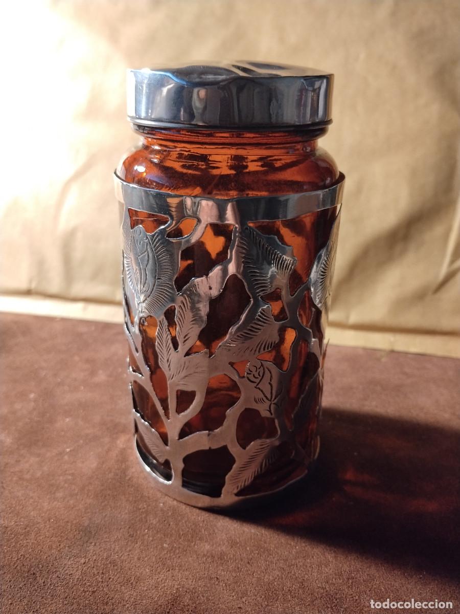 Artesan&iacute;a: Tarro de vidrio &aacute;mbar con funda calada en plata Sterling 925 &ndash; dise&ntilde;o flores y ramas