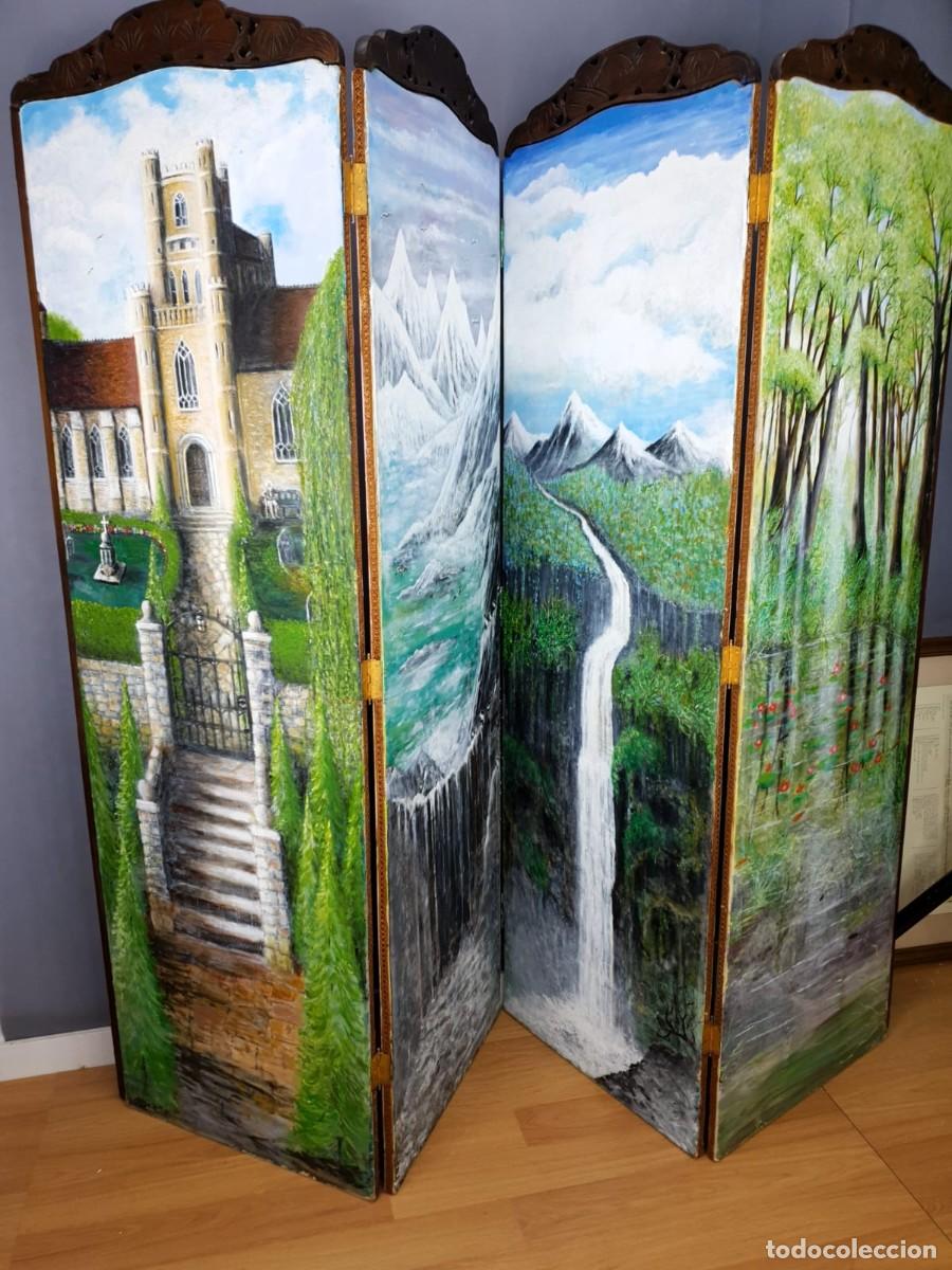 Artesan&iacute;a: Biombo 4 paneles madera tallada y pintado a mano (doble cara). Pieza &uacute;nica.