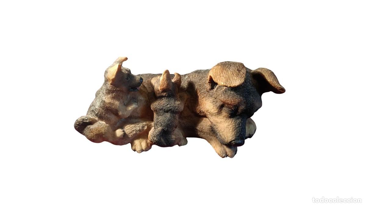 Artisanat: FIGURA DE RESINA POLICROMADA - PASTOR BELGA TUMBADO CON DOS CACHORROS - A&Ntilde;OS 90