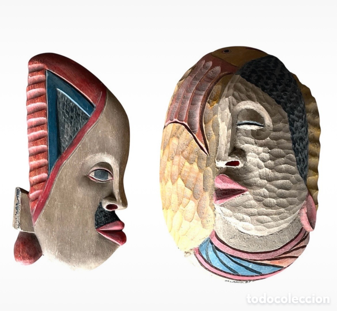 Artesan&iacute;a: Par de M&aacute;scaras Decorativas em Madeira &ndash; Estilo Tribal / Arte &Eacute;tnica