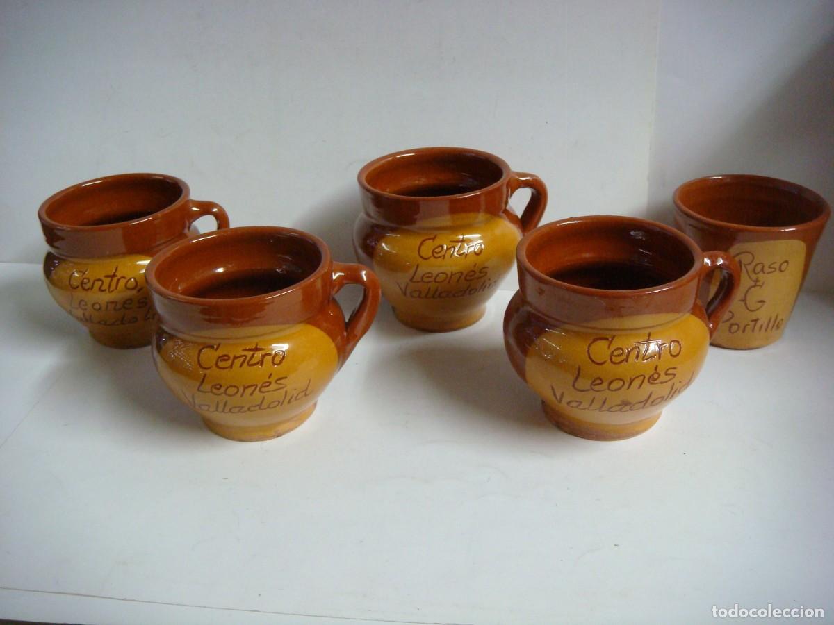 Artesan&iacute;a: JUEGO DE 4 TAZITAS DE BARRO DEL CENTRO LEONES DE VALLADOLID Y 1 VASO DE PORTILLO DE BARRO-(&)