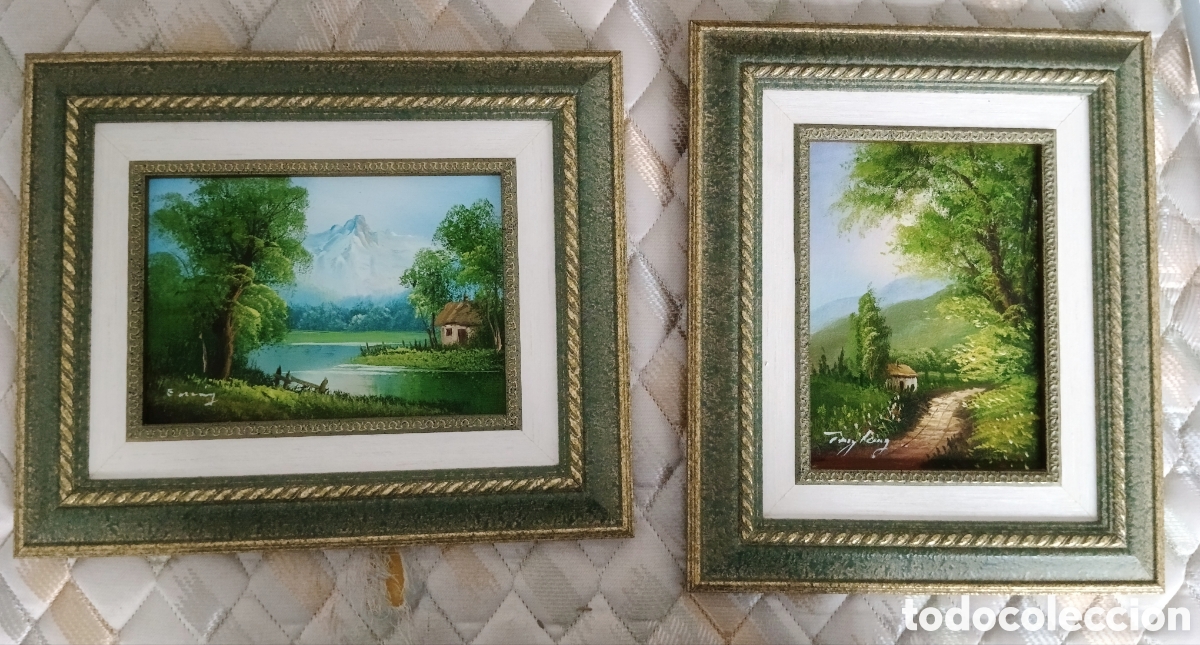 Artesan&iacute;a: T&iacute;tulo: Pareja de Cuadros al &Oacute;leo - Paisajes Vintage con Marco Alfonsino