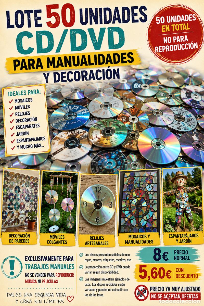 Artesan&iacute;a: LOTE 50 UNIDADES CD/DVD PARA MANUALIDADES, DECORACI&Oacute;N, MOSAICOS Y ESPANTAP&Aacute;JAROS