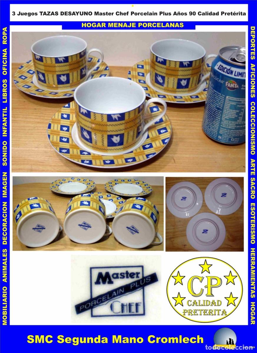 Handicraft: 3 Tazas CAFE DESAYUNO y sus platos, Porcelana de la firma MASTER CHEF, Porcelain Plus. A&ntilde;os 90
