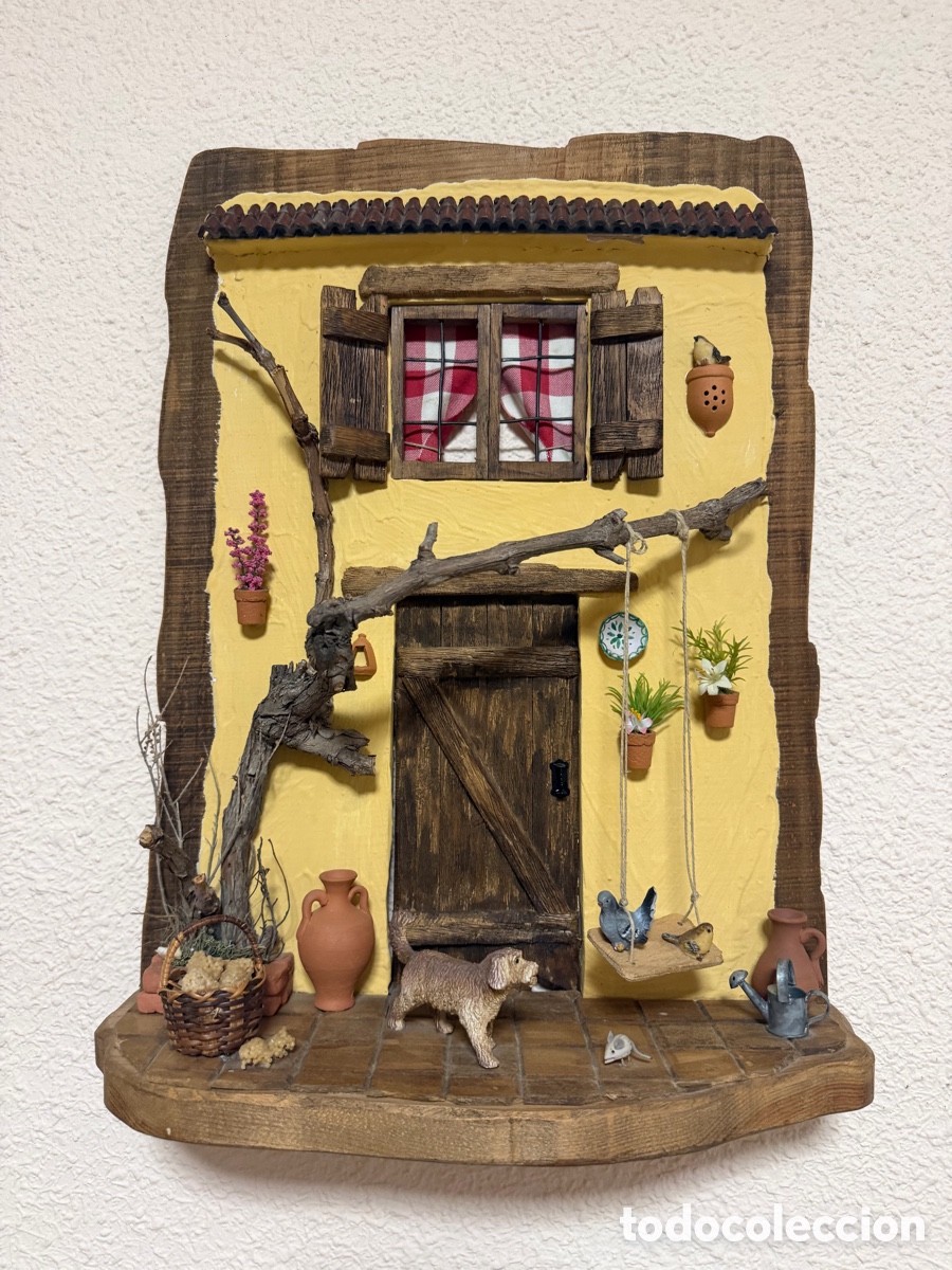 Artesan&iacute;a: Cuadro tridimensional de fachada r&uacute;stica de madera artesanal (50 x 36 cm)
