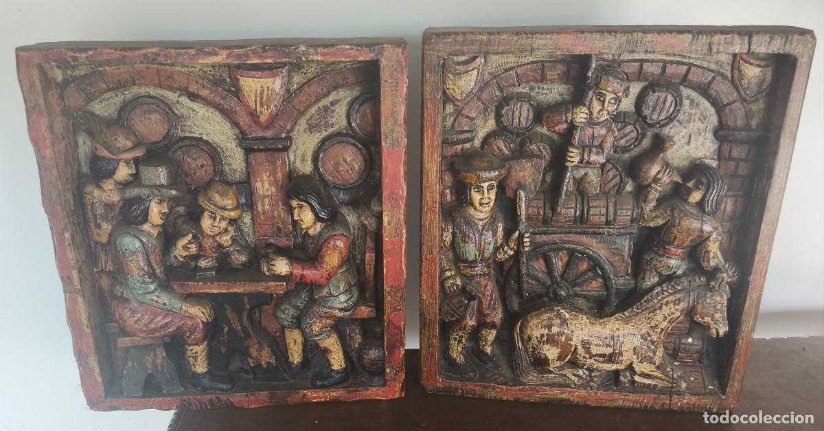 Artesan&iacute;a: Pareja de cuadros relieves de madera policromada (40x50 cm)