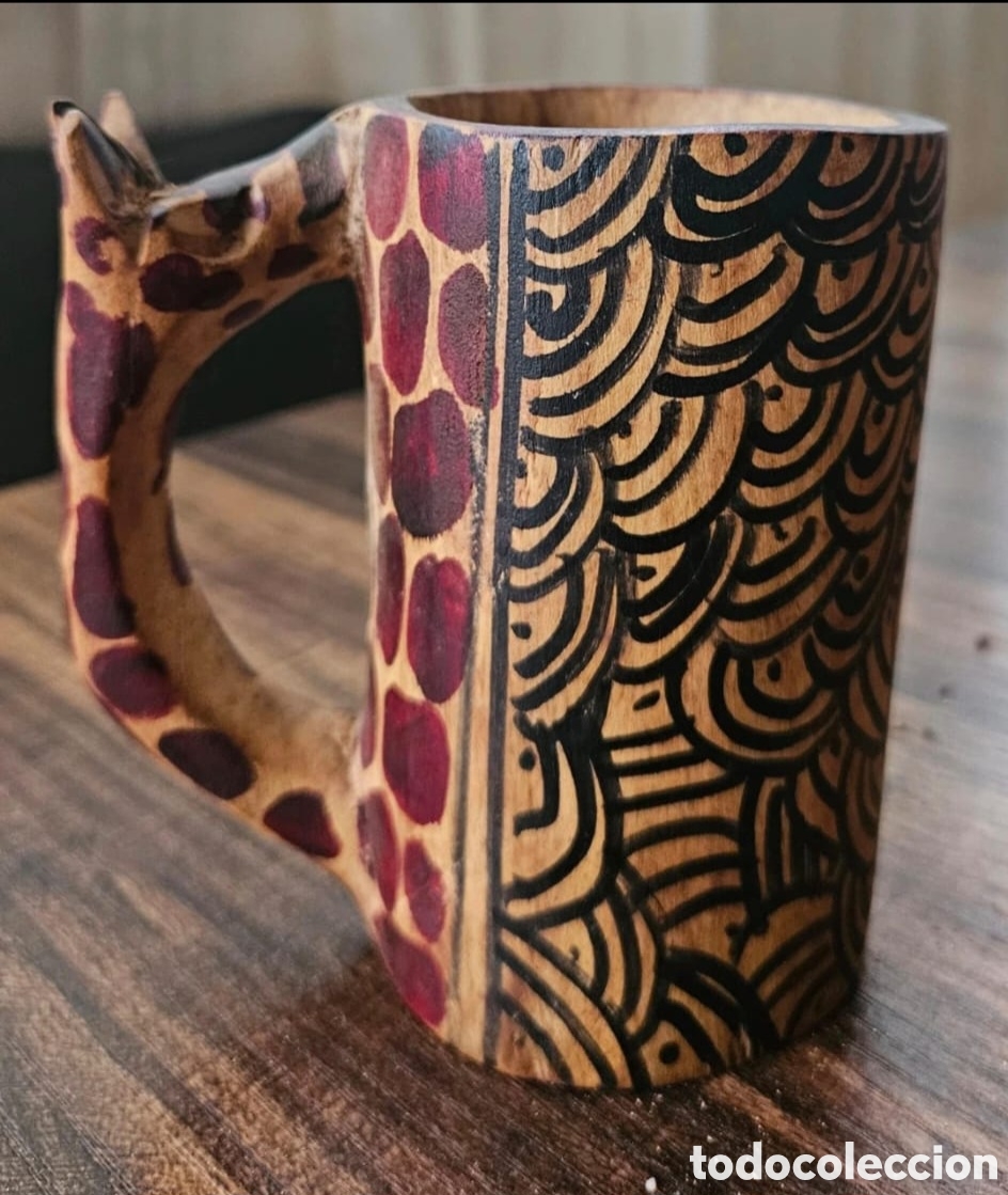 Artesan&iacute;a: ESPECTACULAR TAZA TALLADA EN MADERA ARTESANAL - DISE&Ntilde;O JIRAFA &Aacute;FRICA - PIEZA &Uacute;NICA DE COLECCI&Oacute;N