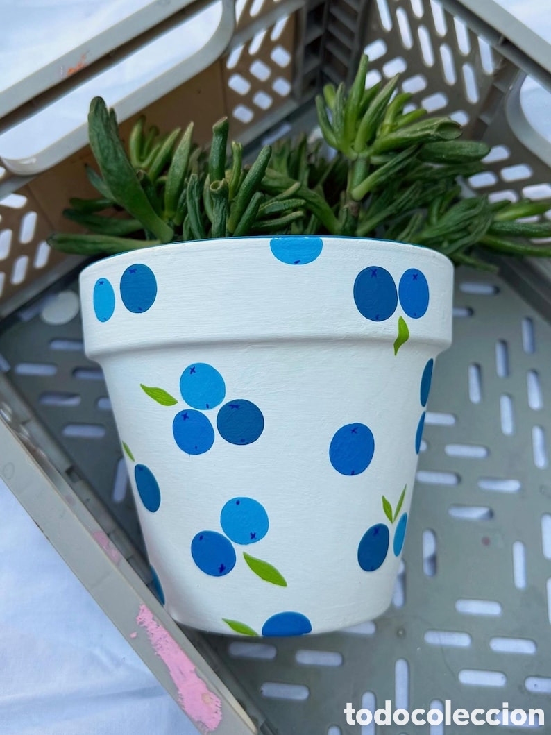 Artesan&iacute;a: Maceta de colecci&oacute;n con estampado de ar&aacute;ndanos.