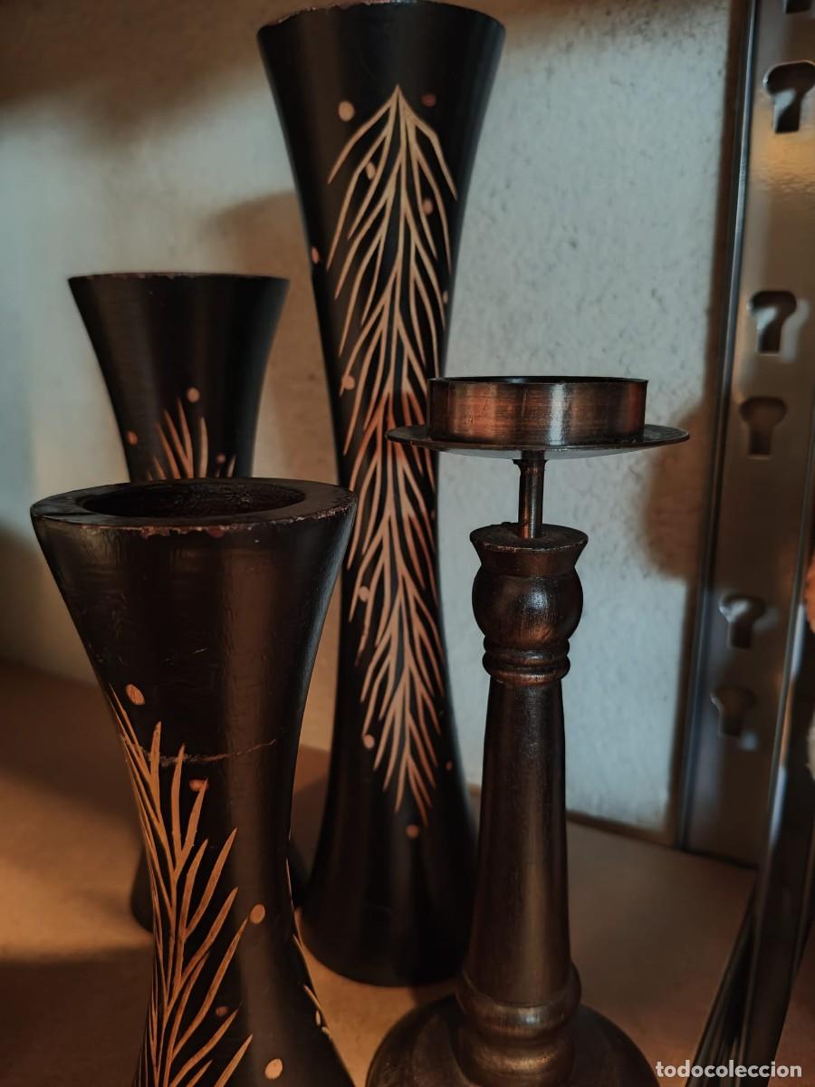 Artesan&iacute;a: Set de Jarr&oacute;n / Florero y Candelabro de Madera Tallada (Negro y Dorado)