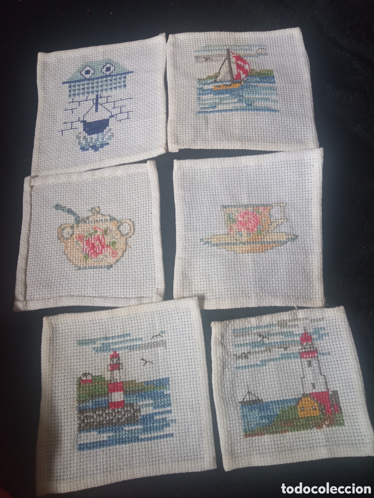 Artesan&iacute;a: 6 servilletas de te a punto de Cruz miden 10x10 cm, menos 1 que mide 9x8,5 cm