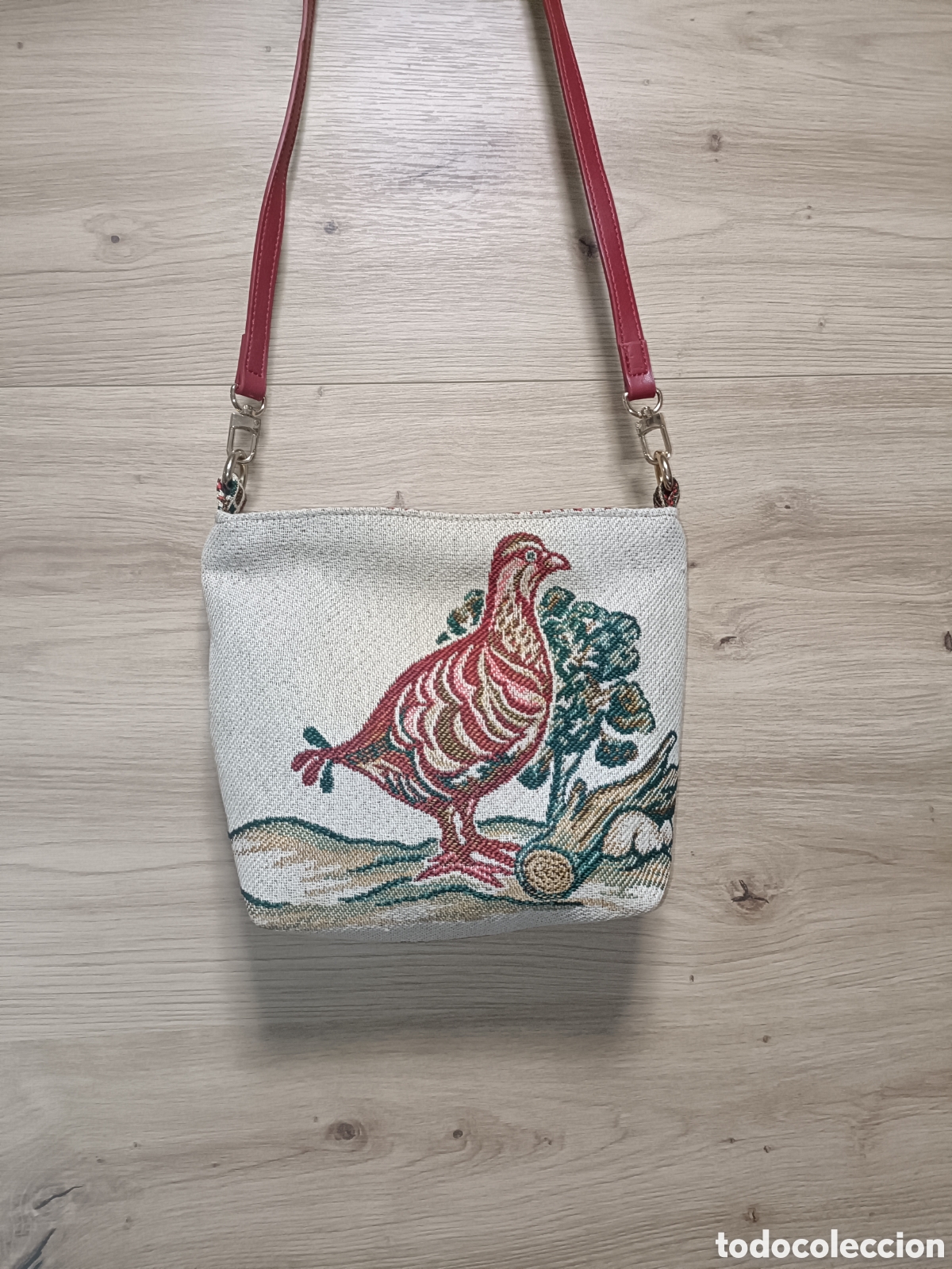 Artesan&iacute;a: Bolso artesanal estilo retro, tela gobelina , estampado de ave/perdiz, hecho a mano