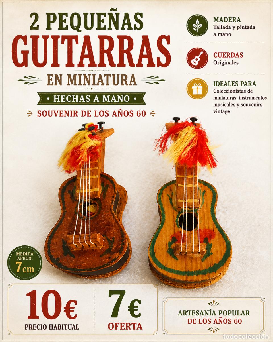 Artesan&iacute;a: PAREJA DE GUITARRAS EN MINIATURA | MADERA TALLADA A MANO | SOUVENIR A&Ntilde;OS 60 | 7 CM