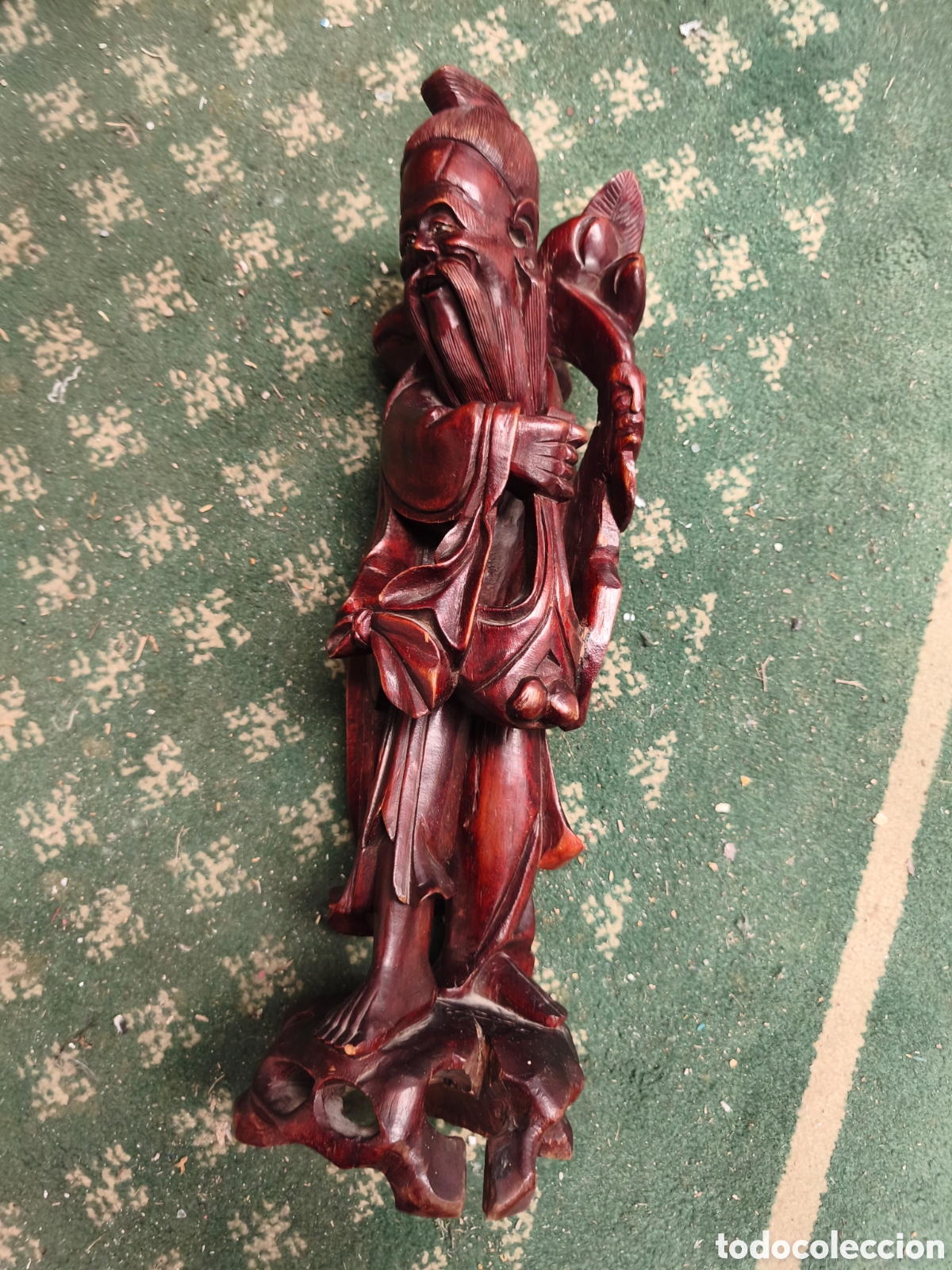 Artesan&iacute;a: Antigua figura de Shou Xing (Dios de la longevidad) en madera tallada a mano - Estilo oriental - S.