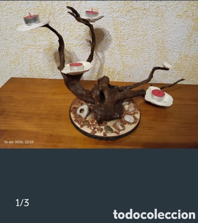 Artesan&iacute;a: Portavelas artesanal de madera flotante y conchas de ostra &ndash; 4 velas &ndash; Pieza &uacute;nica