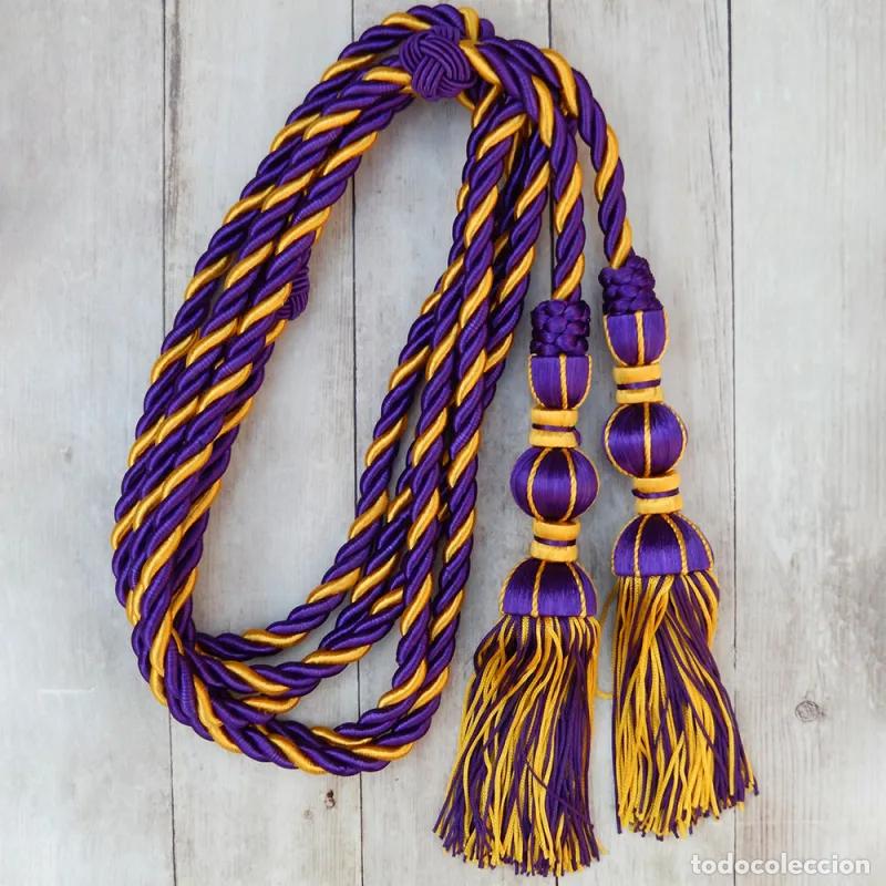Handicraft: Cord&oacute;n Morado y Amarillo 3m con Borlas Blancas y Amarillas de Seda 18 cm