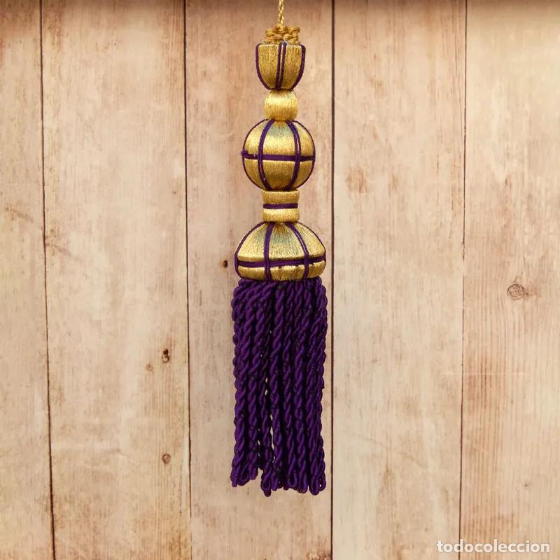 Artesanato e Manualidades: Borla de Oro Oscuro con Fleco e Hilo Morado 20cm