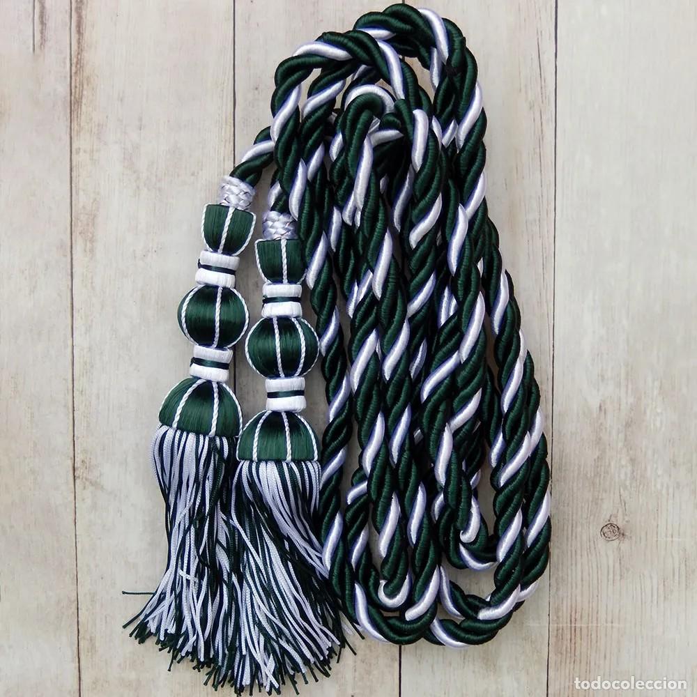 Artesan&iacute;a: Cord&oacute;n Verde Oscuro y Blanco de 3m con Borlas de Seda Verde Oscuro y Blancas de 18 cm