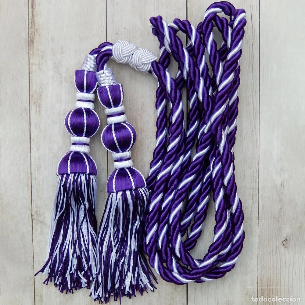 Artesan&iacute;a: Cord&oacute;n P&uacute;rpura y Blanco de 3m con Borlas de Seda P&uacute;rpuras y Blancas de 18 cm